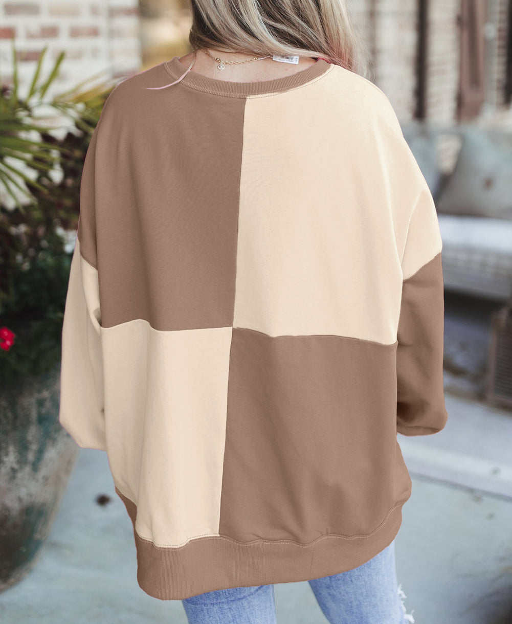 Colorblock Henley High Low Oversize Sweatshirt