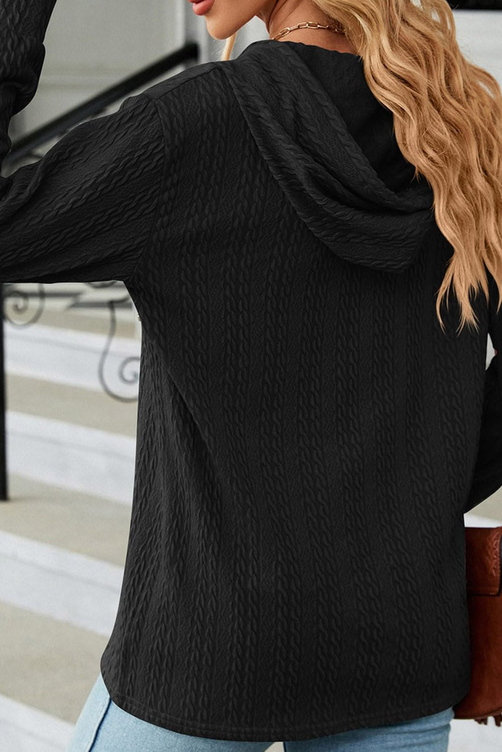 Button Front Textured Drawstring Hooded Long Sleeve Top