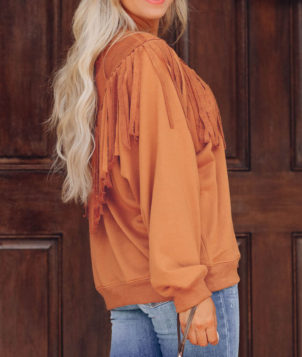 Solid Color Chevron Fringe Loose Pullover Sweatshirt