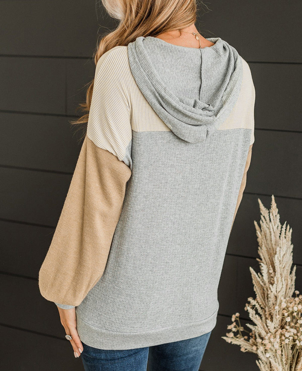 Vintage Ribbed Knit Color Block Hoodie