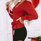 Glitter Wrap V Neck Tie Hem Puff Sleeve Blouse