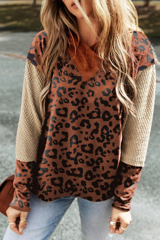 Textured Knit Patchwork Leopard Hoodie