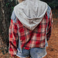 Plaid Print Patchwork Hooded Raw Hem Denim Jacket