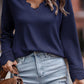 Ribbed Texture Lace Trim V Neck Long Sleeve Top