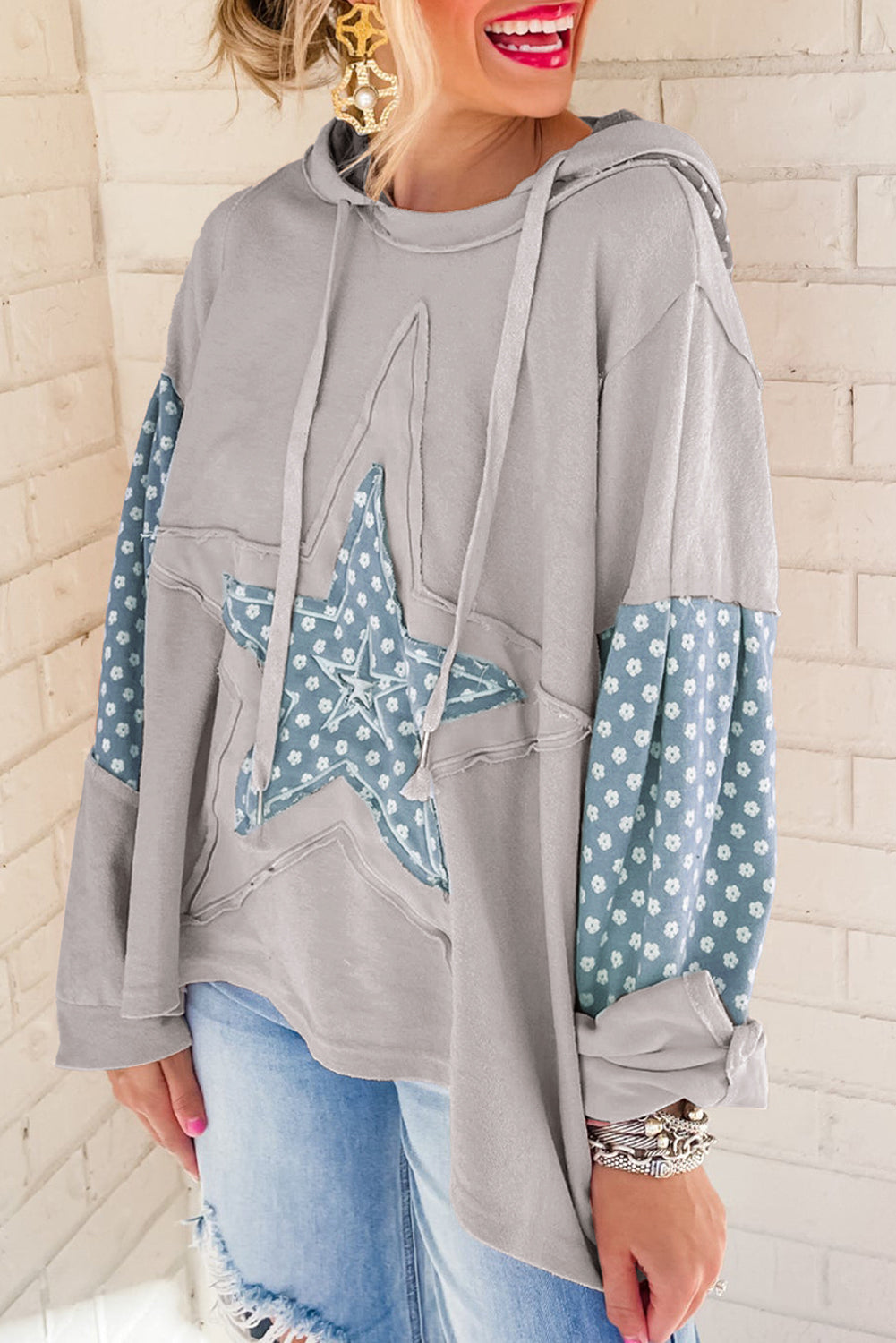 Floral Patchwork Star Pattern Drawstring Hoodie