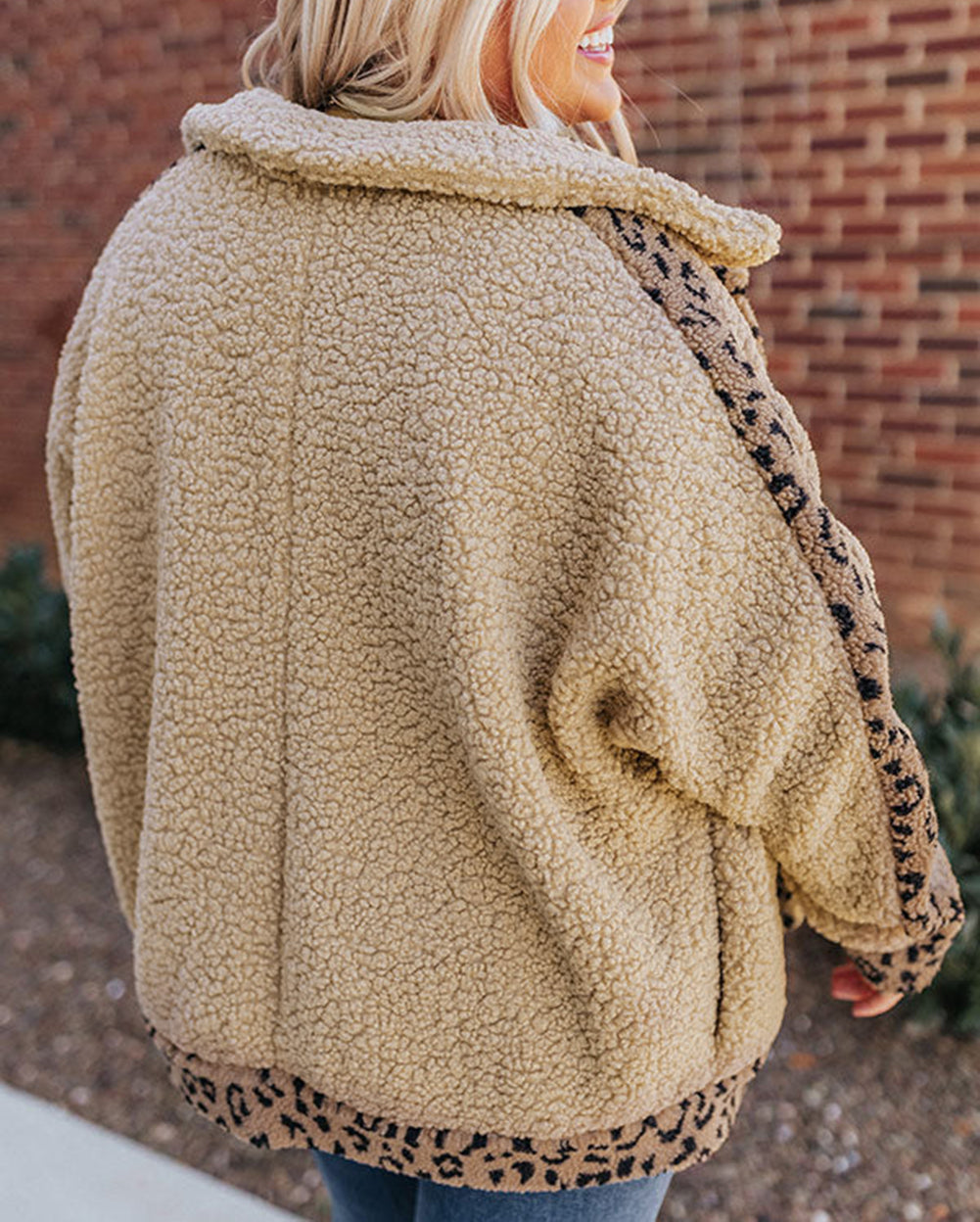 Plus Size Leopard Trim Button up Sherpa Jacket