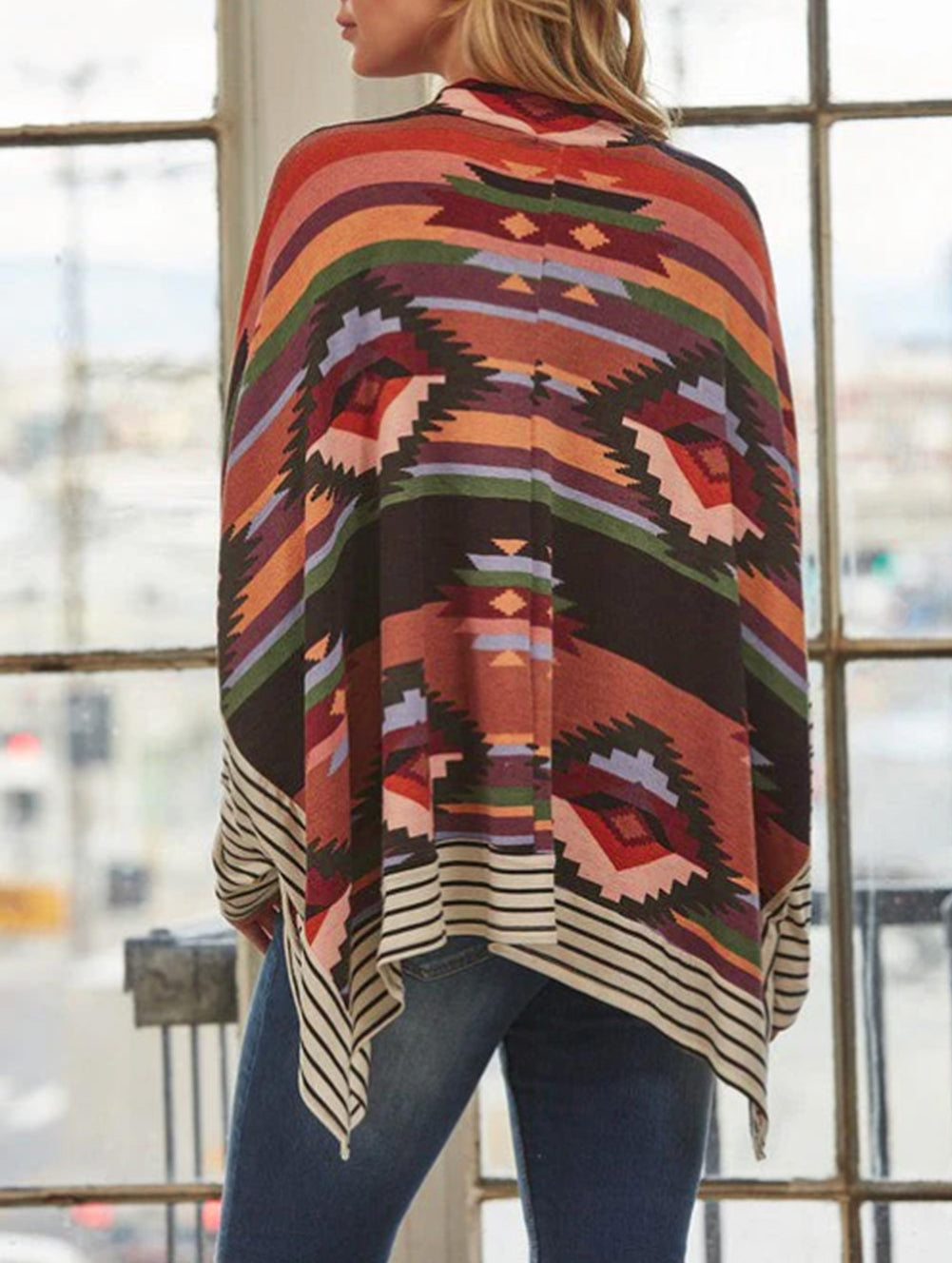 Western Aztec Striped Mock Neck Dolman Sleeve Top