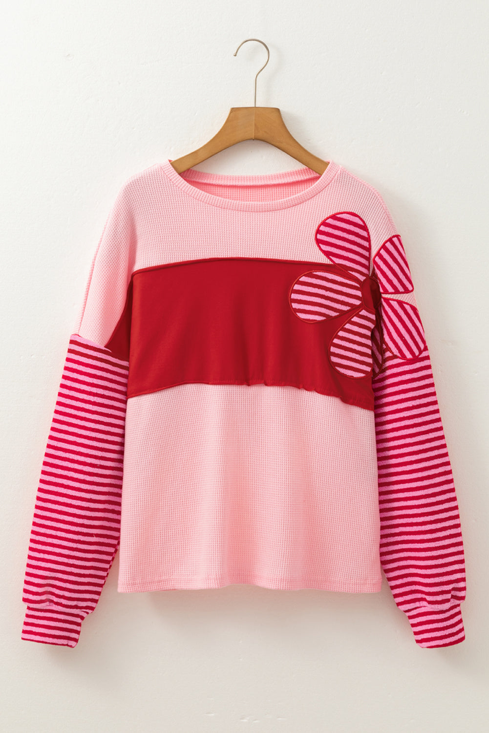 Floral Patch Color Block Striped Sleeve Textured Top