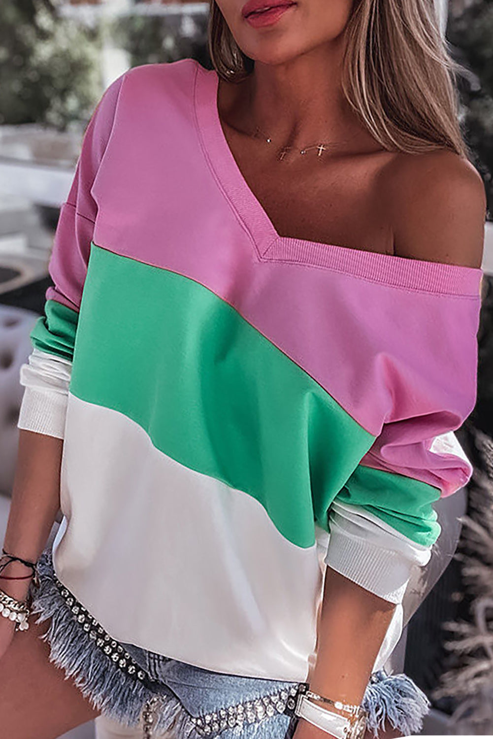 Ribbed V Neck Color Block Patchwork Sweatshirt