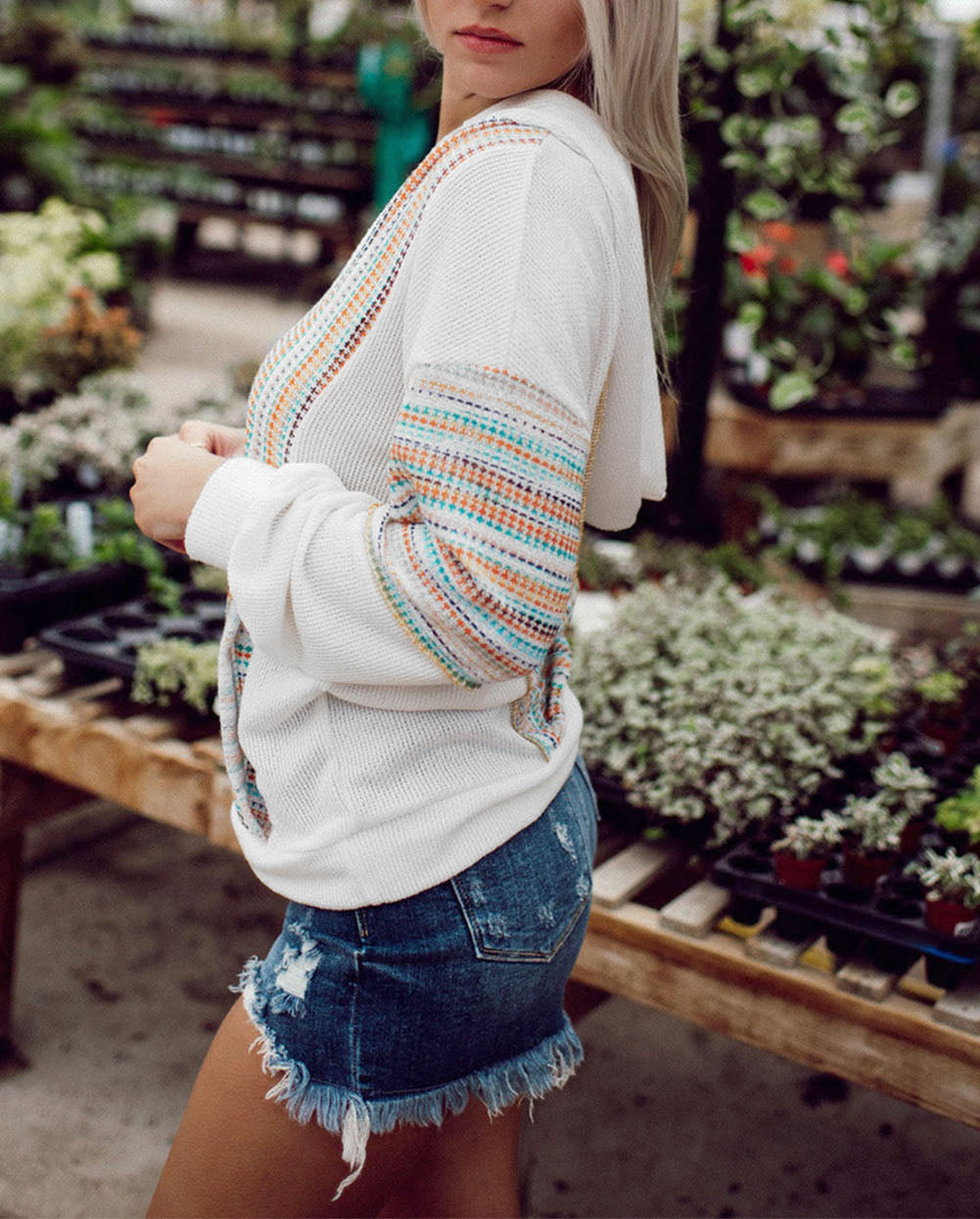 Striped Patchwork V Neck Drop Shoulder Knit Hoodie