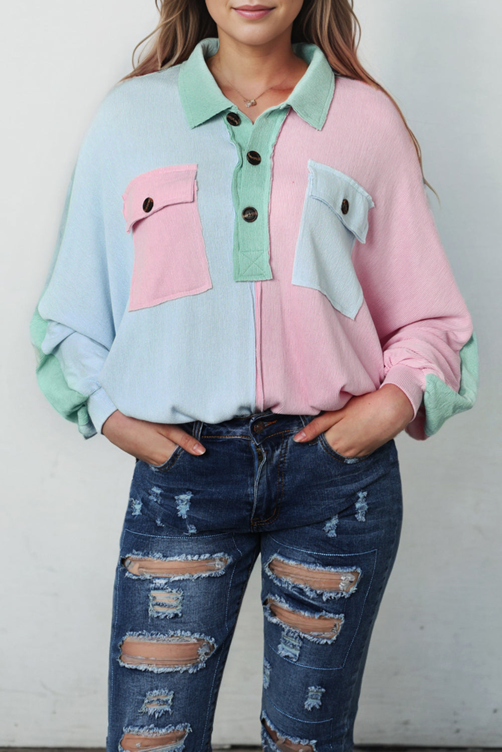 Exposed Seam Colorblock Ribbed Oversized Henley Top