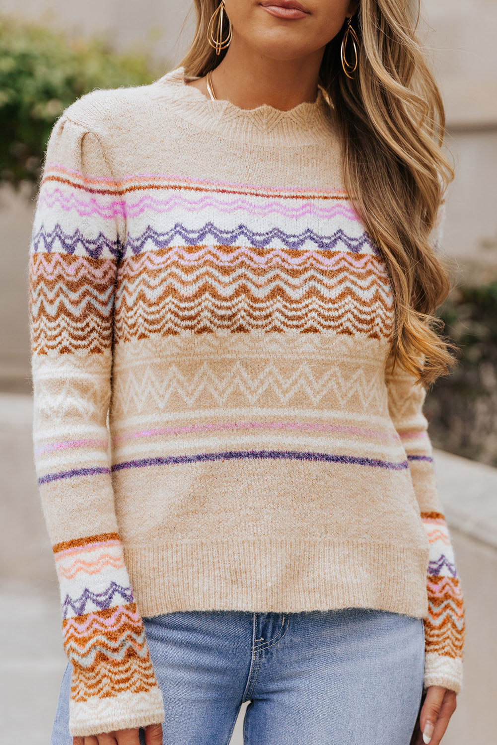 Geometric Print Knitted Long Sleeve Sweater