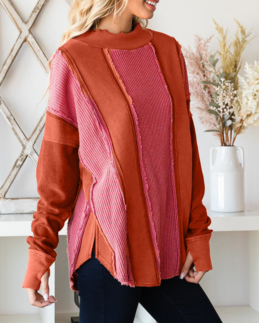 Waffle Knit Ripped Exposed Seam Patchwork Top with Thumbhole