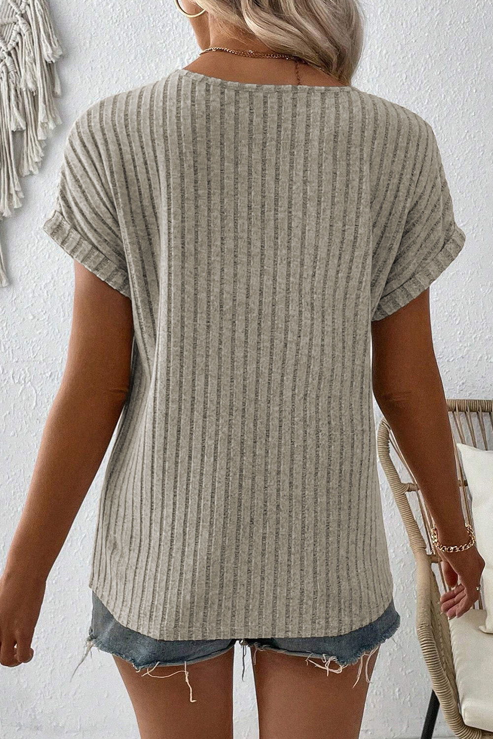 Wide Ribbed Notched V Neck Button Decor T shirt