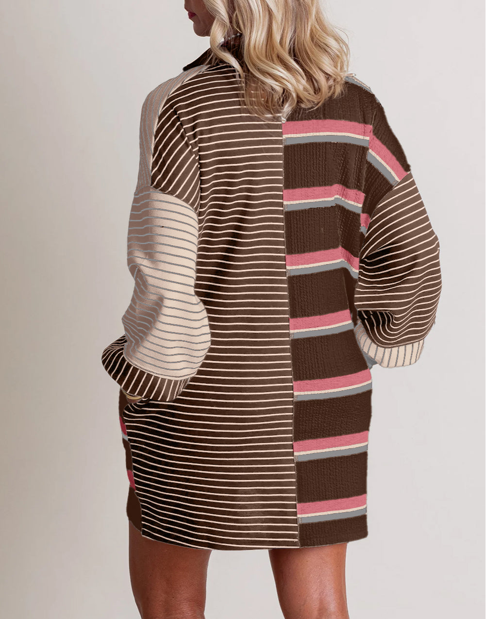 Stripe Colorblock Knit Henley Collar Shift Long Sleeve Mini Dress