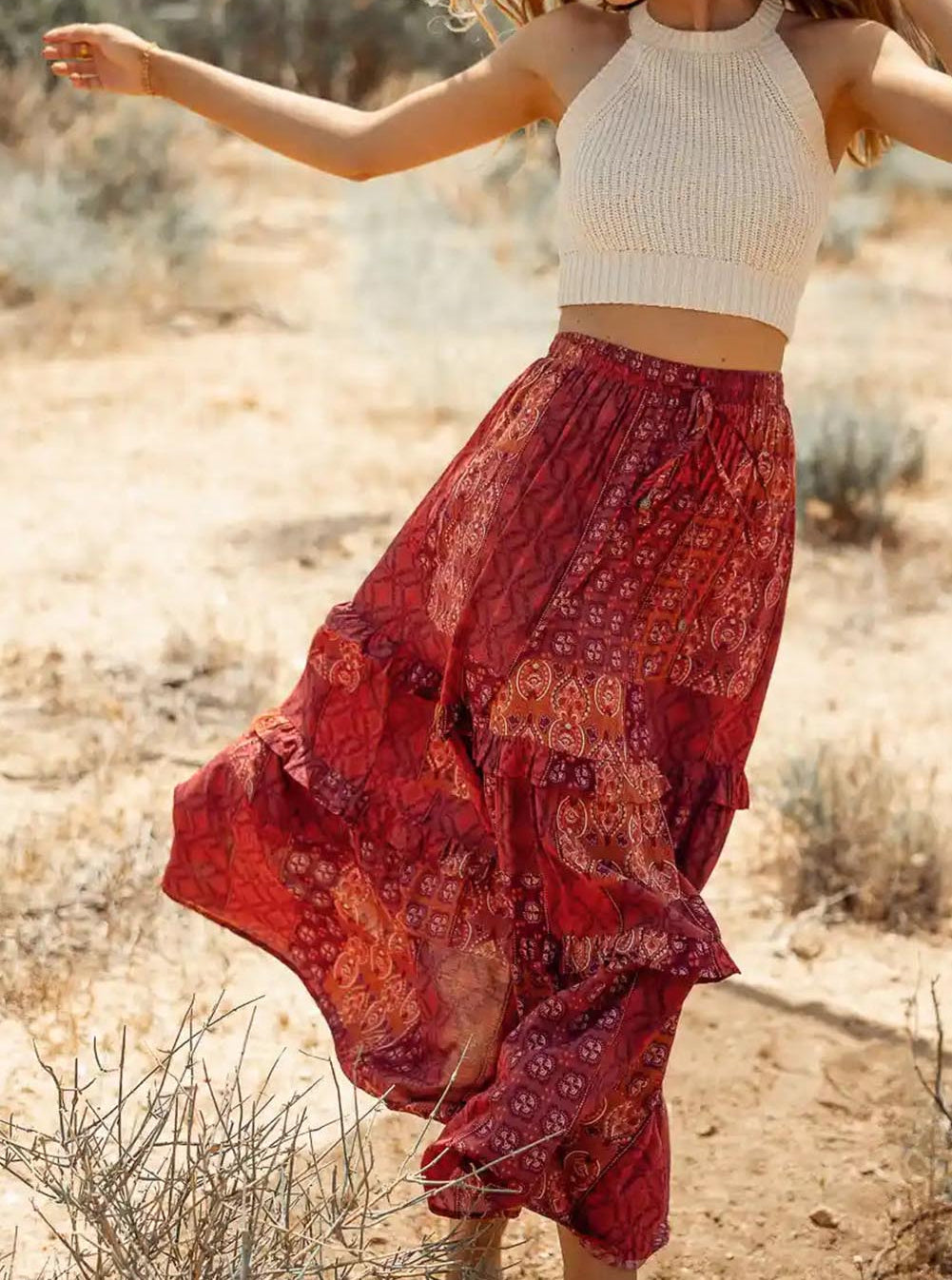 Bohemian Mix Print Long Flared Skirt