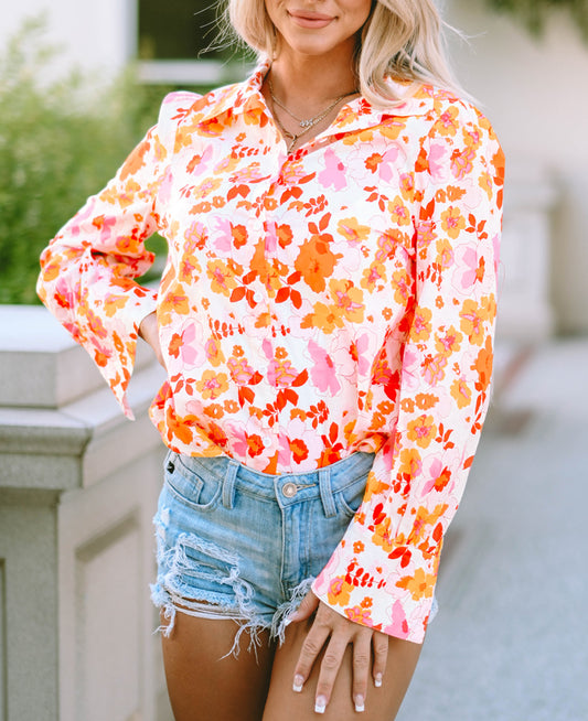 Floral Bishop Sleeve Button Up Shirt