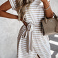 Stripe Short Sleeve Belted Wrapped Hemline Dress