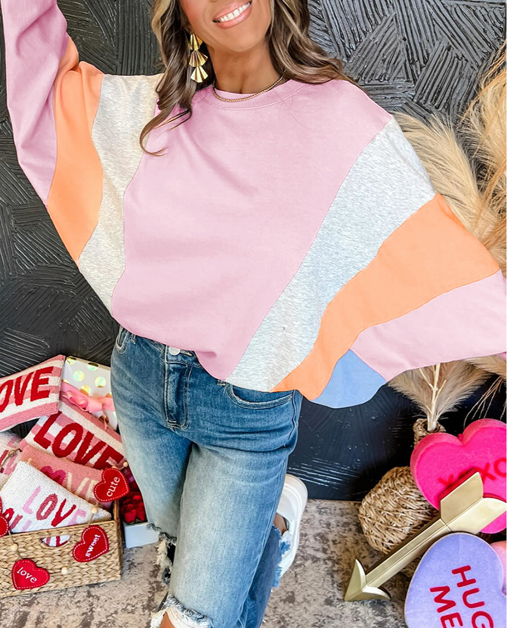 Color Block Batwing Sleeve Loose Fit Sweatshirt