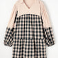 Plaid Waffle Knit Patchwork Collared V Neck Plus Size Mini Dress