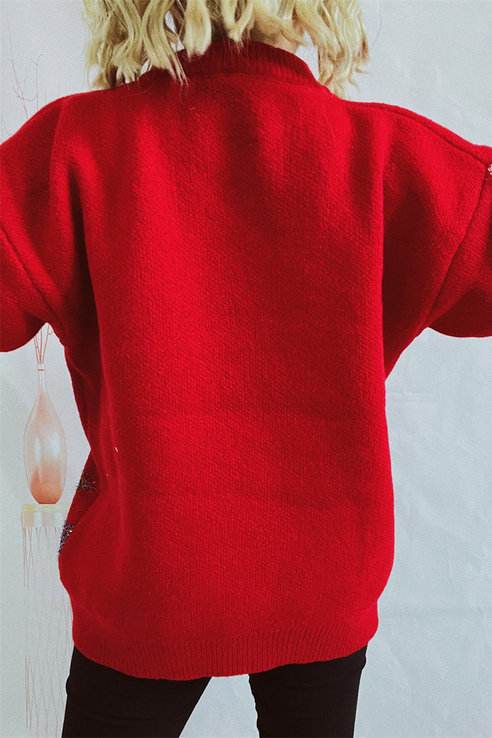 Sequin Fuzzy Christmas Tree Tinsel Elk Drop Shoulder Sweater