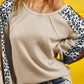 Waffle Leopard Print Colorblock Puff Sleeve Top