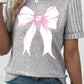 Bow Knot Print Ribbed Knit Sleeve Round Neck Tee