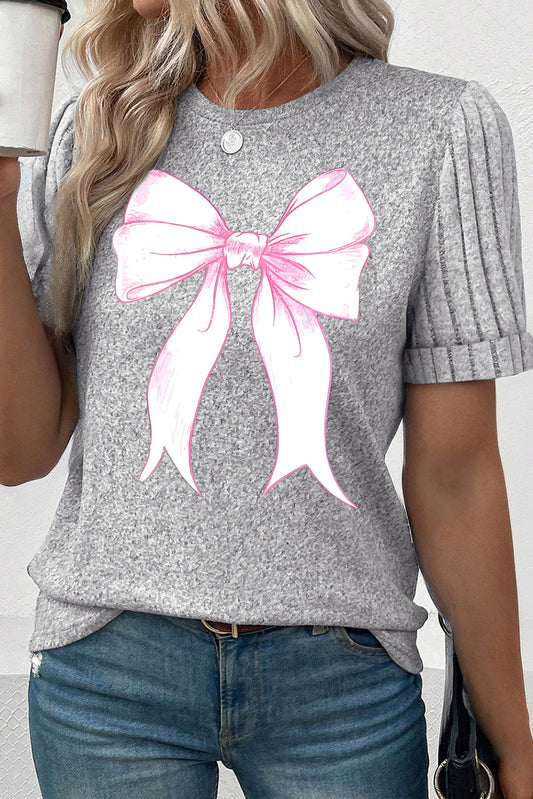 Bow Knot Print Ribbed Knit Sleeve Round Neck Tee