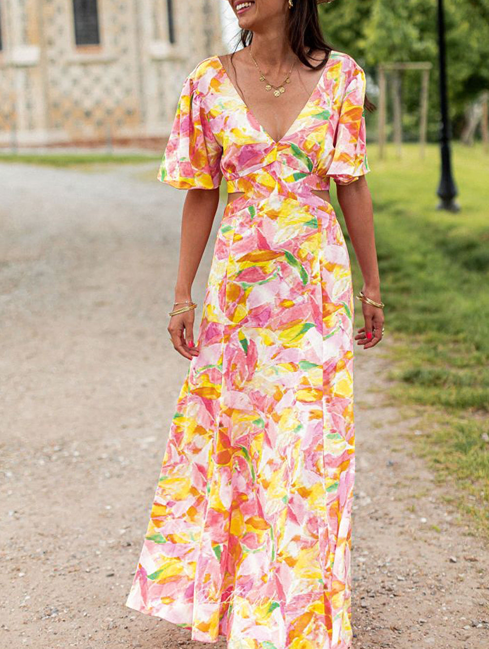 Bohemian Flutter Sleeve Cut out Floral Maxi Dress