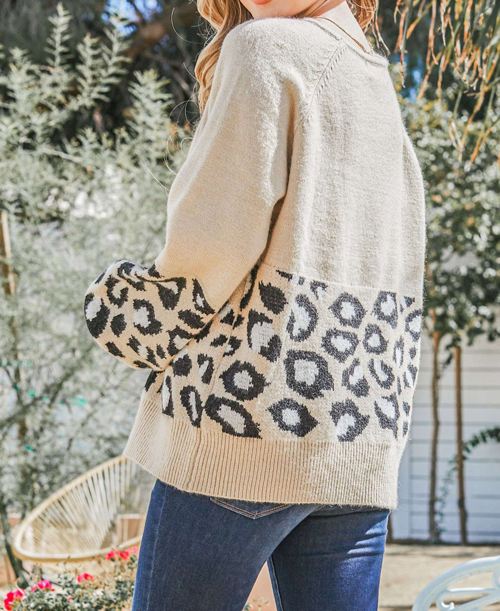 Leopard Patchwork Knitted Puff Sleeve Sweater