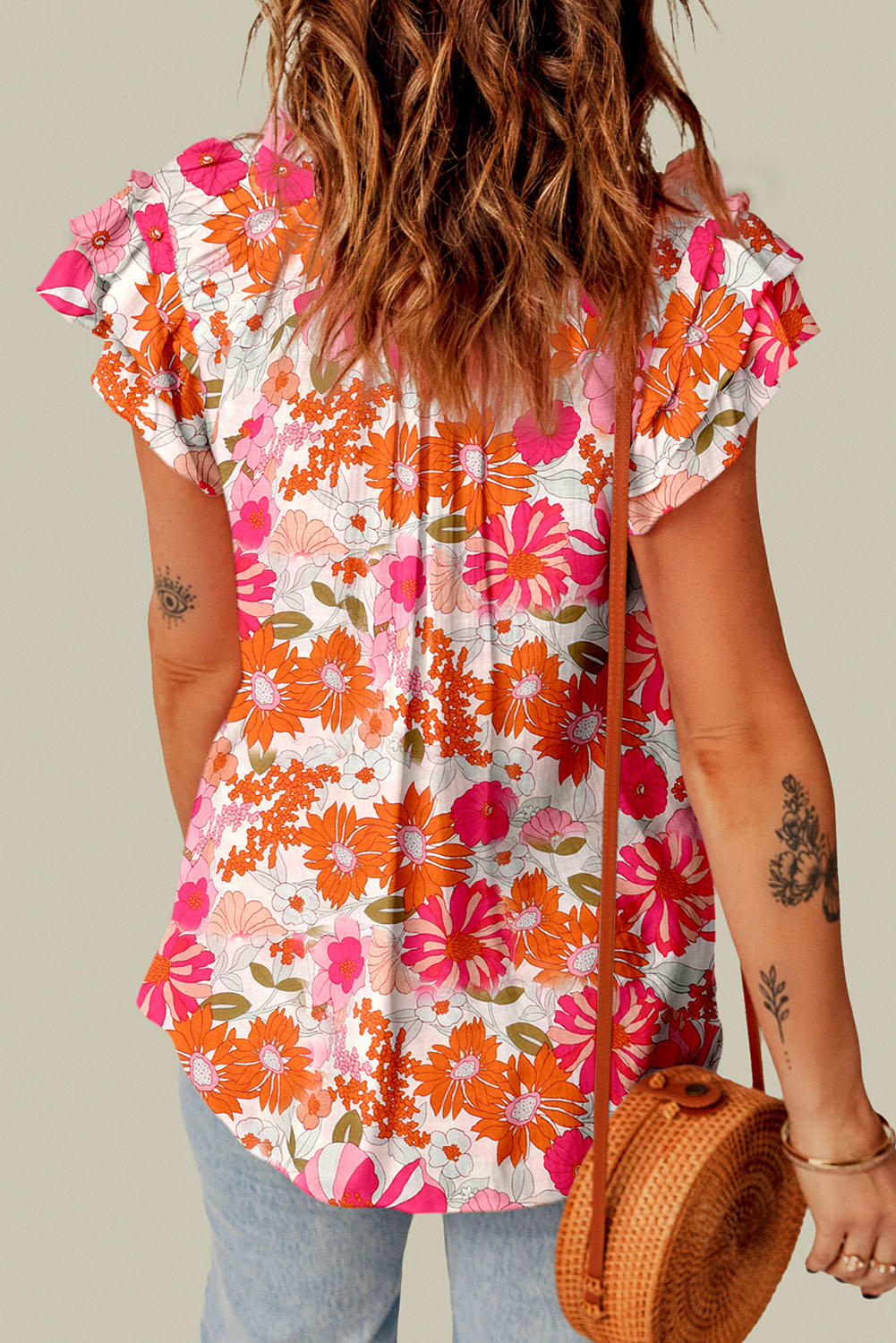 Split V Neck Ruffle Sleeve Floral Blouse