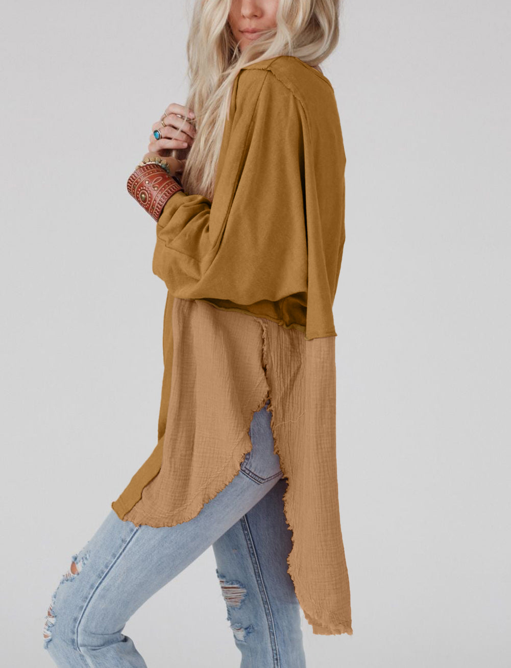 Crinkle Splicing Raw Hem High Low Oversized Blouse