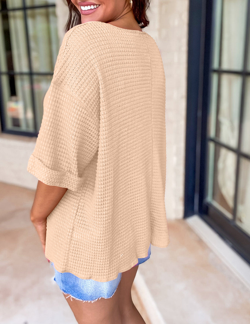 Textured Knit Split Neck Cuffed Short Sleeve Top