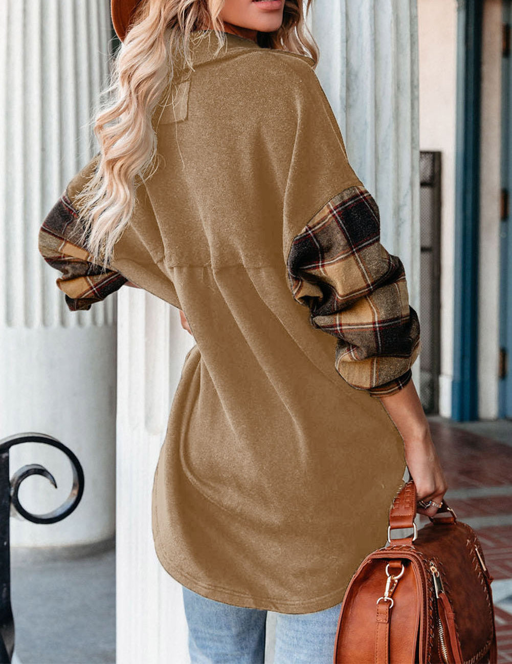 Plaid Patchwork Chest Pockets Oversized Shirt Jacket