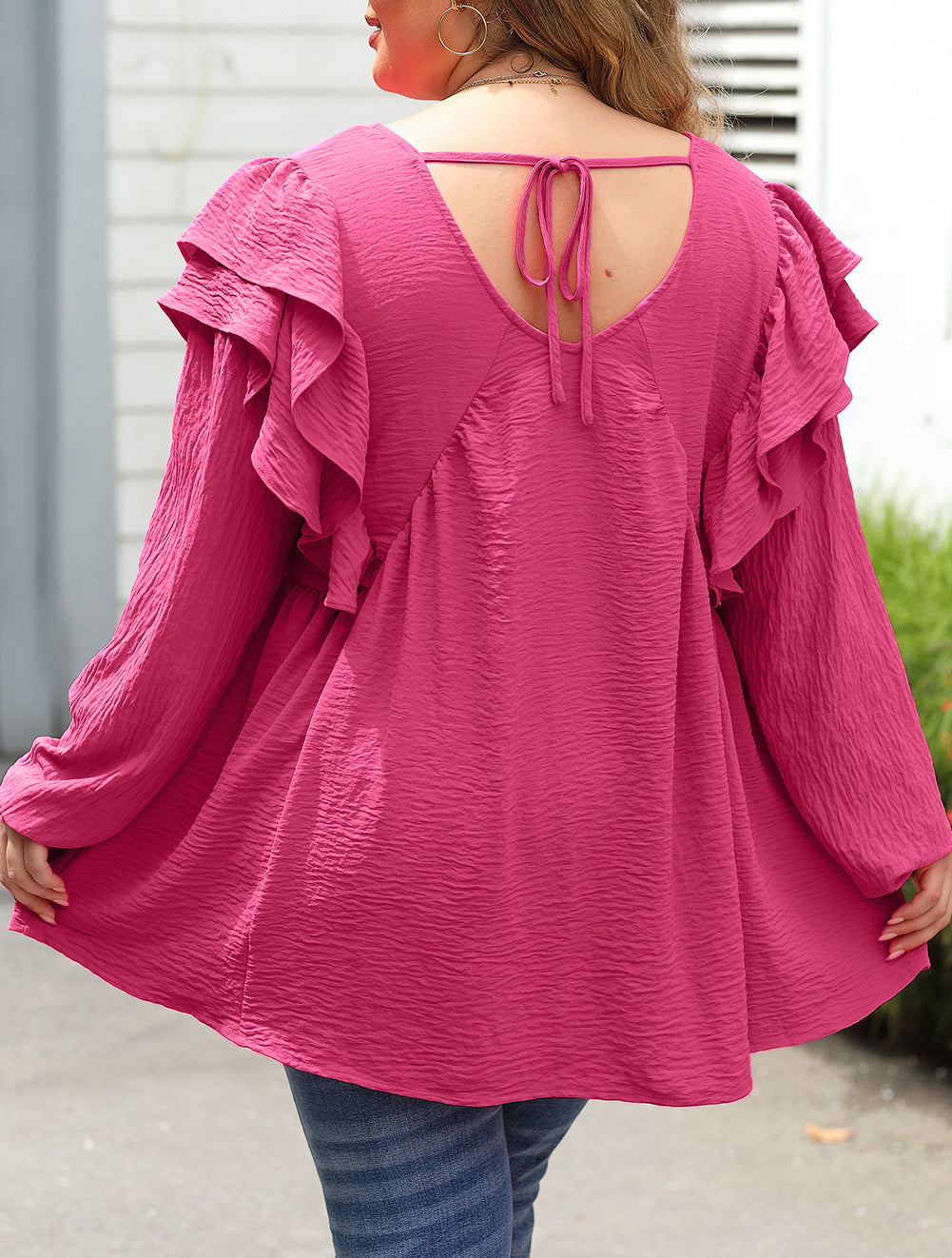 Crinkle Ruffled V Neck Plus Size Blouse