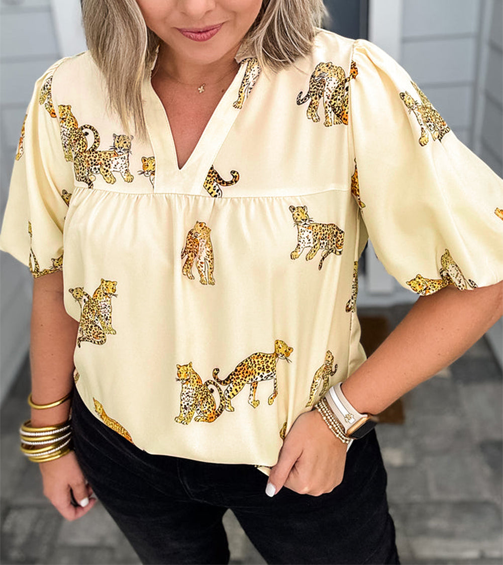 Plus Size Cheetah Print Short Puff Sleeve Blouse