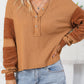 Contrast Patched Exposed Seam Waffle Knit Henley Top