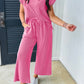 Solid Corded Knit Short Sleeve T Shirt and Wide Leg Pants Set