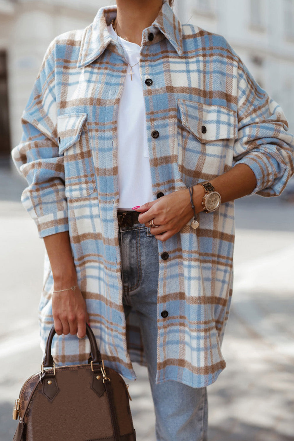 Blue Plaid Flap Pocket Long Sleeve Shacket