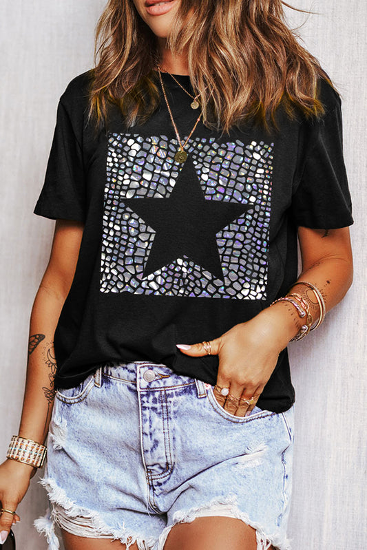 Star Marble Glitter Print Crew Neck T Shirt
