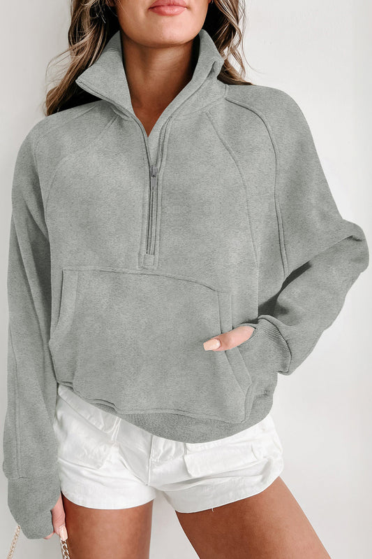 Zip Up Stand Collar Ribbed Thumbhole Sleeve Sweatshirt