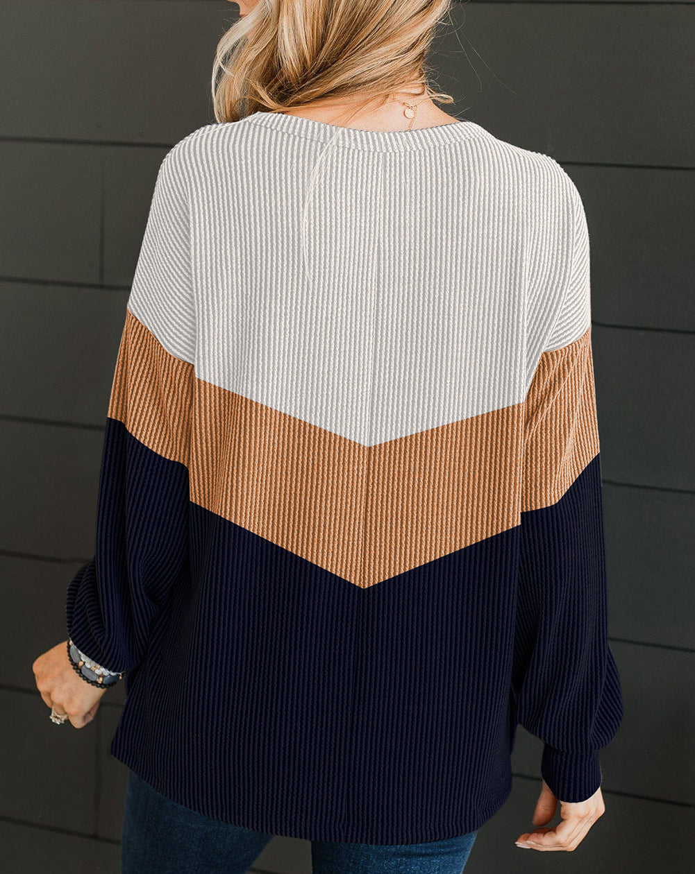 Color Block Corded Texture Long Sleeve Top