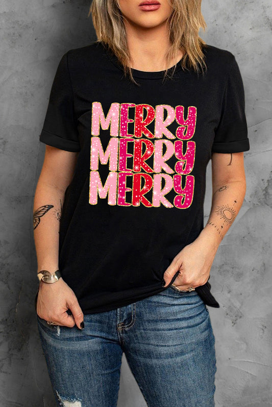 Heat Transfer Printing MERRY Letter Christmas Graphic Tee