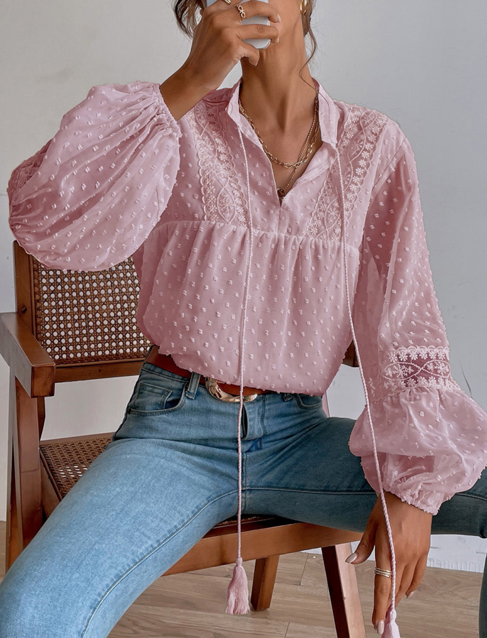 Swiss Dot Drawstring Balloon Sleeve Babydoll Blouse