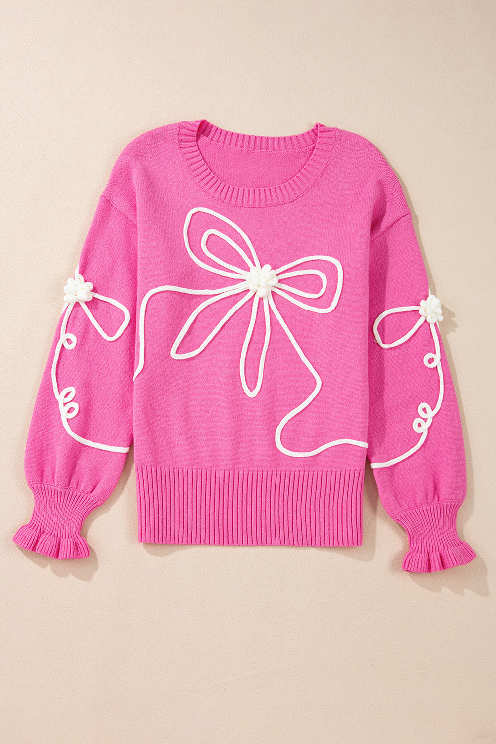 Corded Flower Bow Ribbed Trim Casual Sweater