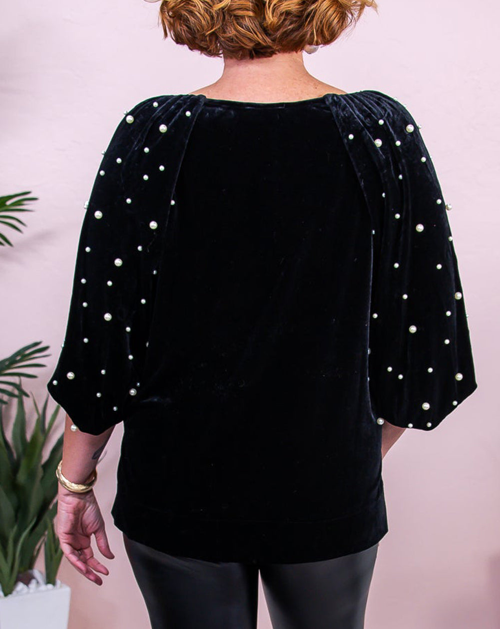 Pearl Embellished Puff Sleeve Velvet Plus Size Top