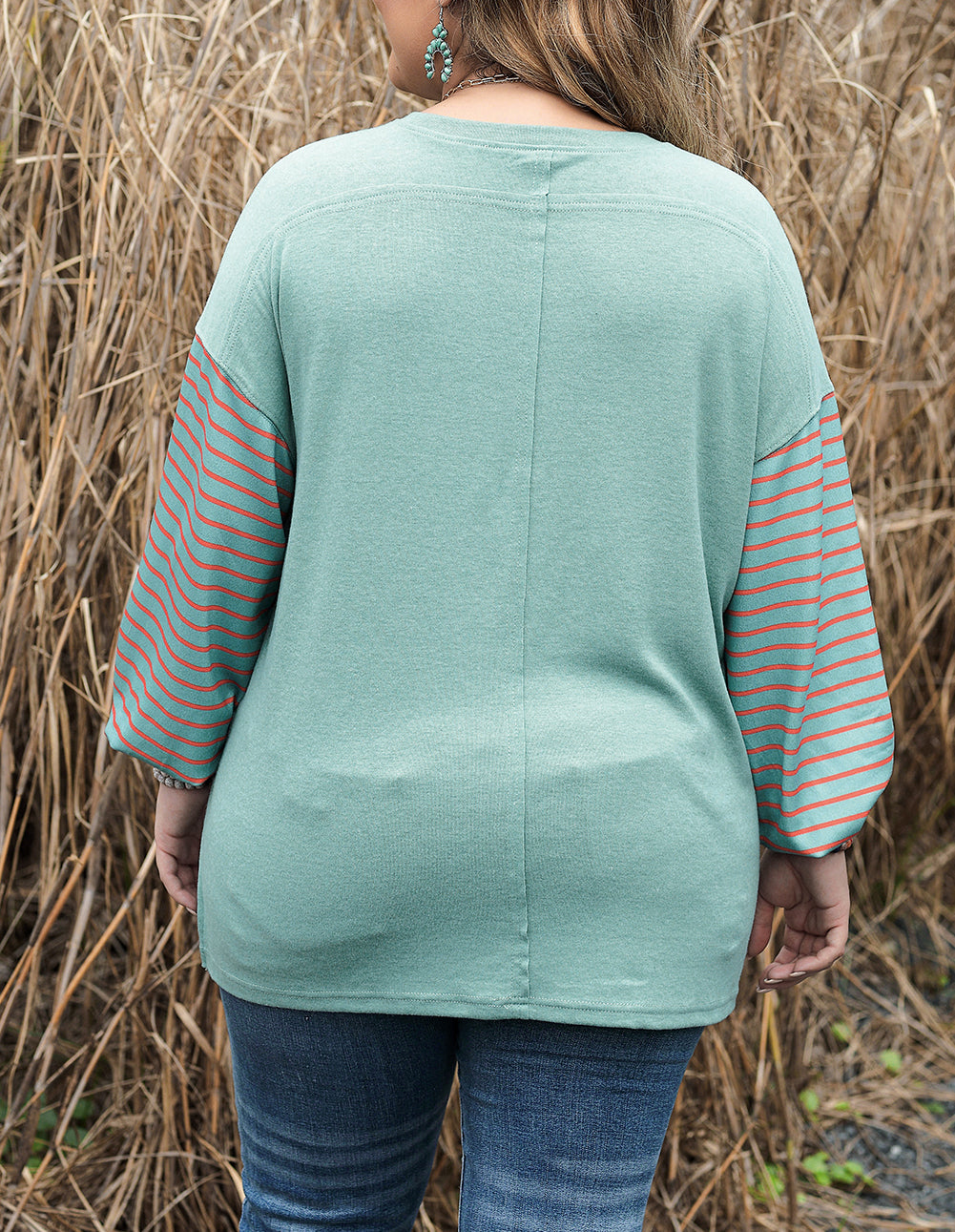 Plus Size Striped Long Sleeve Colorblock Tee with Slits