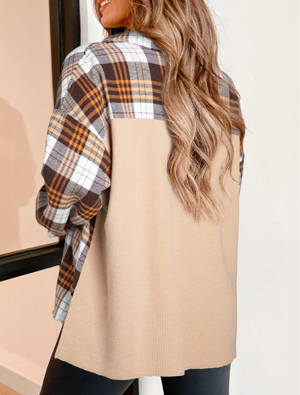 Thermal Knit Plaid Patchwork Shacket