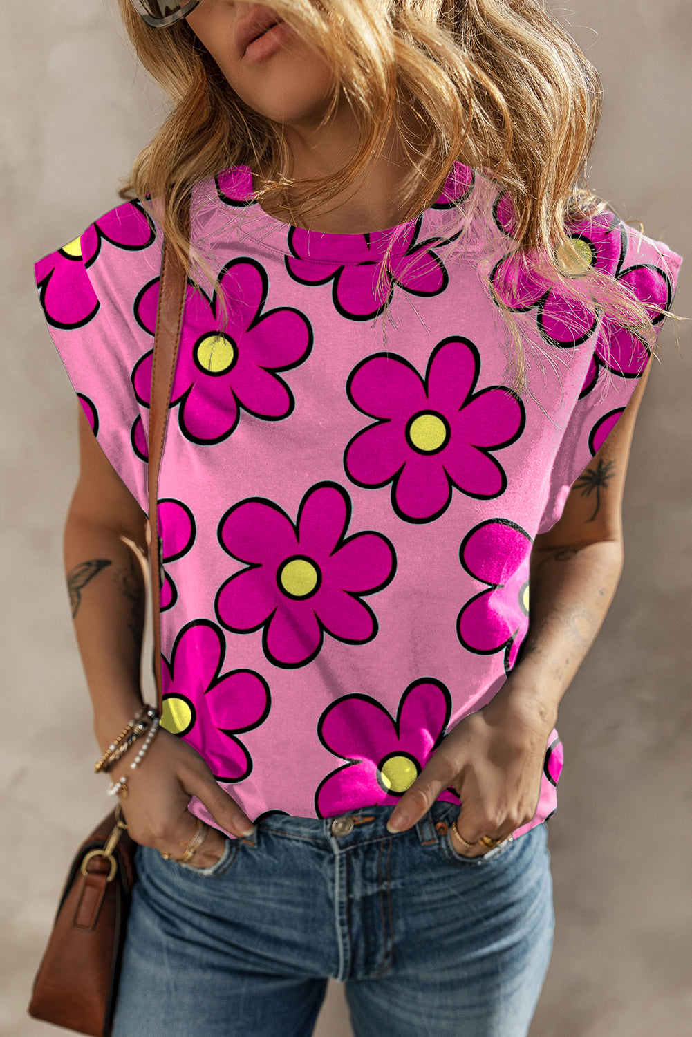 Flower Print Round Neck Cap Sleeve T Shirt