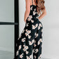 Black Tie Decor V Neck Floral Wide Leg Jumpsuit